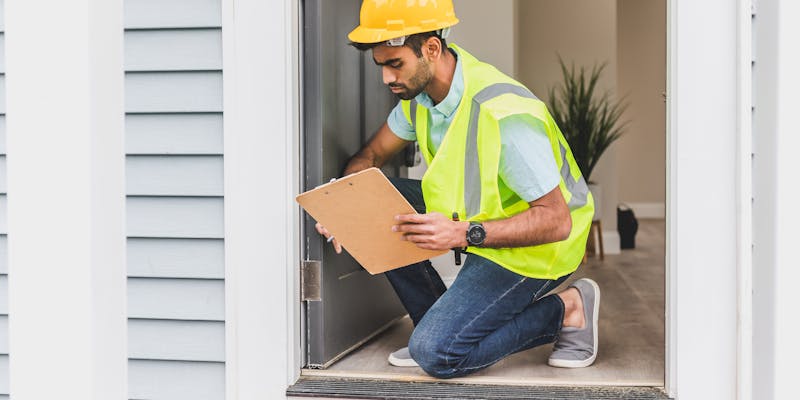 Property inspector reviewing home damage for insurance claim